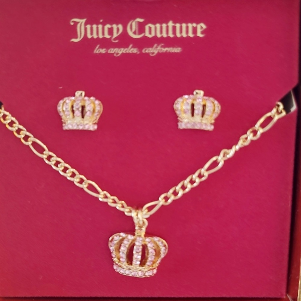 Juicy Couture Pink and Gold Crown Necklace Earrings Set